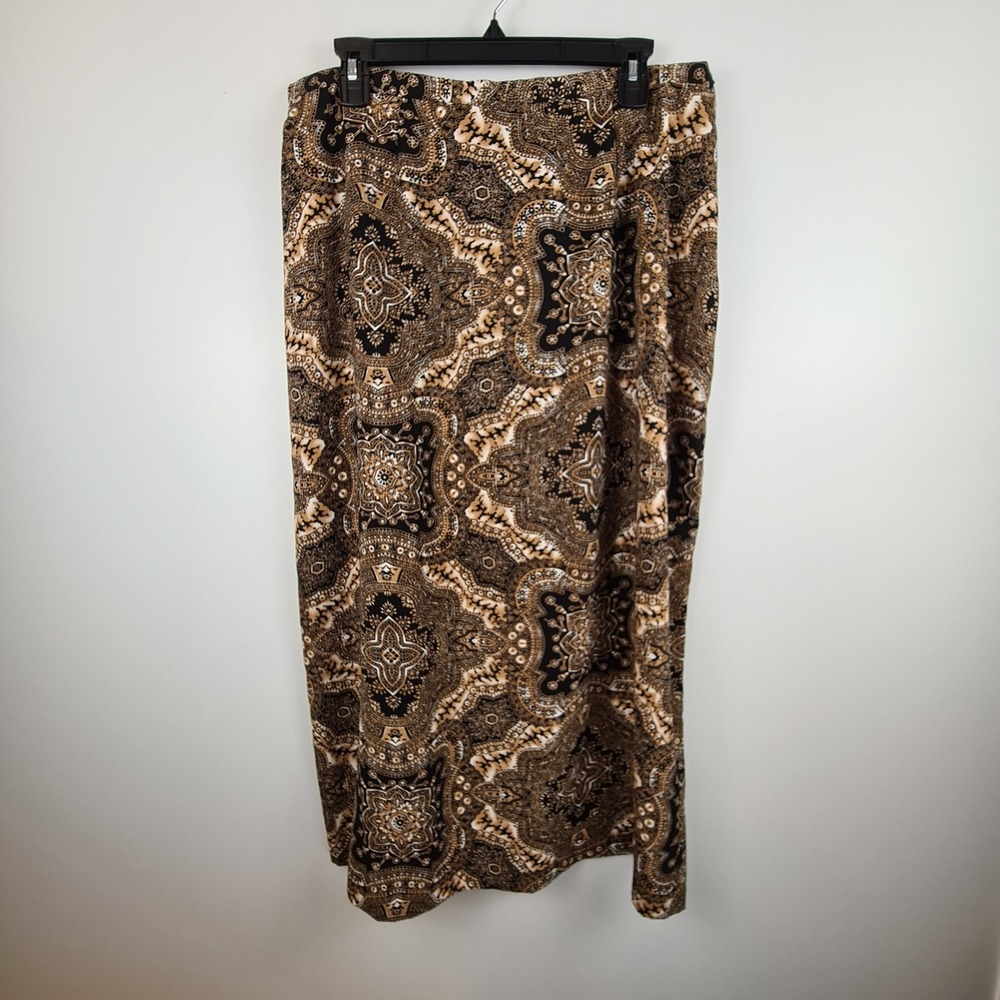 George Woman Maxi Skirt 18W Black Tan Medallion Paisley Print Side Zip Slit Fall